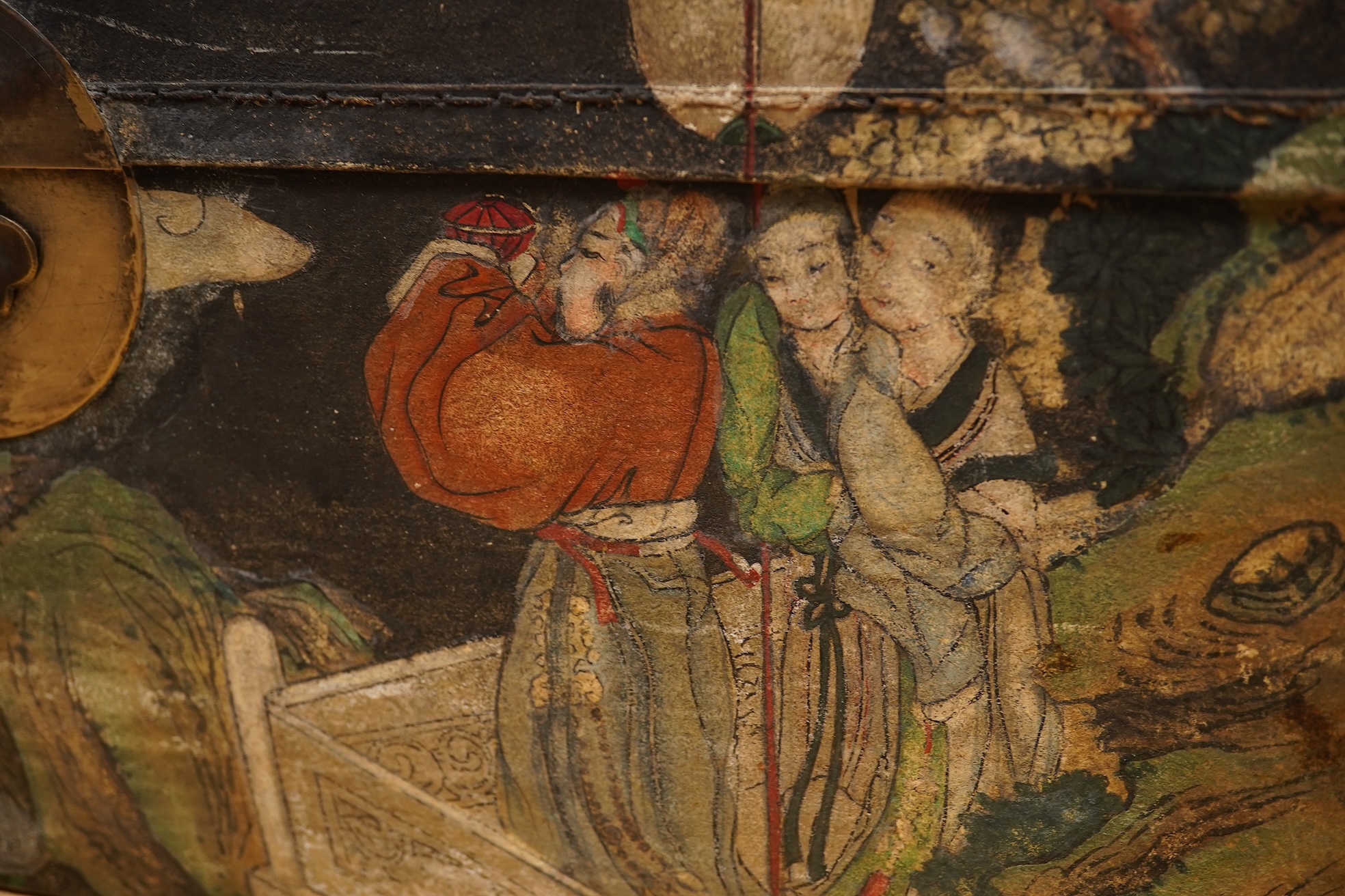 Two Chinese polychrome decorated hide chests, largest 56cm wide